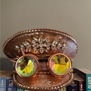 Gold Sequin Festival Captain Rave Hat with Crystal Embellishments